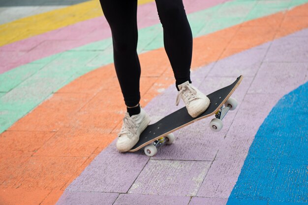 Close up legs doing tricks on skateboard