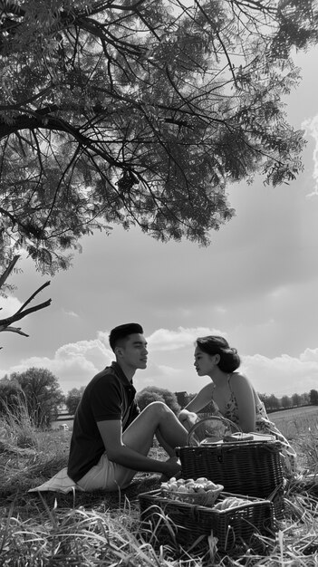 Close up lovely couple enjoying picnic