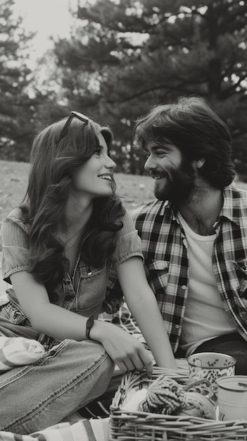 Close up lovely couple enjoying picnic