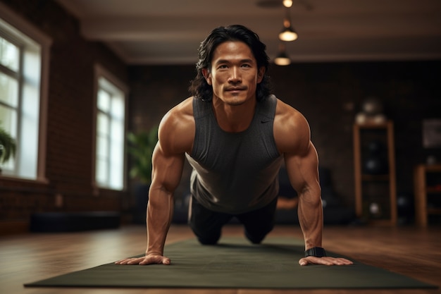 Close up man doing yoga indoors