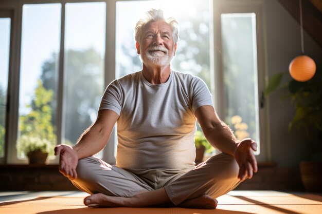 Close up man doing yoga indoors