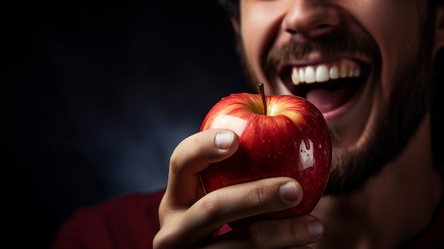 Close up on man eating red apple