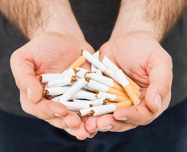 Free photo close-up of a man's hand showing broken cigarettes