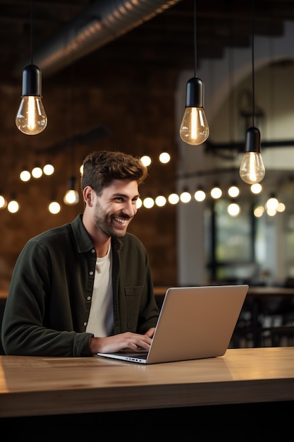 Close up on man smiling in cafe