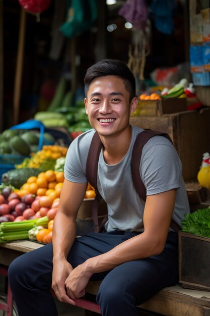 Close up on man smiling in market