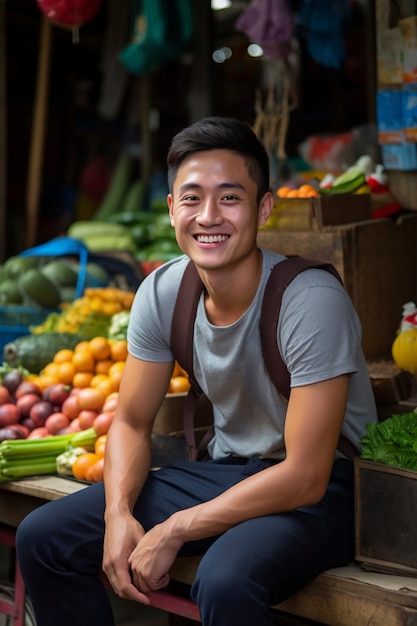 Close up on man smiling in market