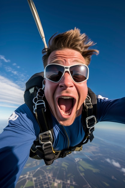 Close up on man smiling while bungee jumping