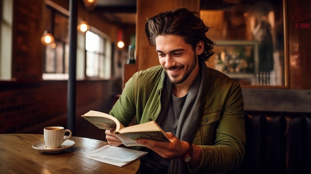 Close up on man smiling while reading