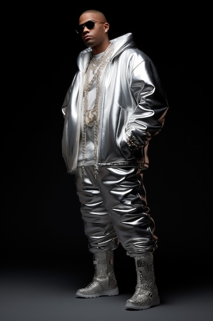 Free photo close up on man wearing metallic clothing