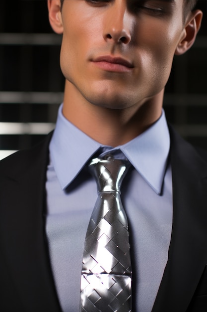 Close up on man wearing metallic tie