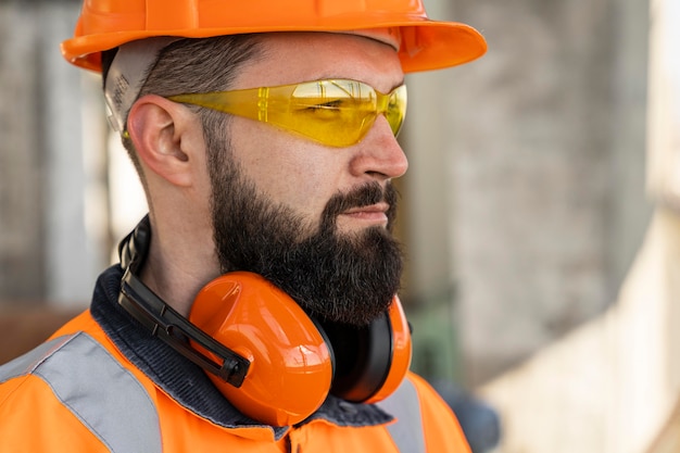 Free photo close up man wearing protection equipment