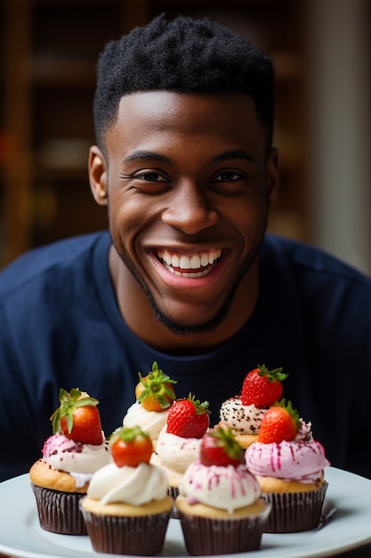 Close up on man with delicious cupcakes