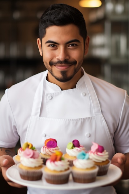 Close up on man with delicious cupcakes