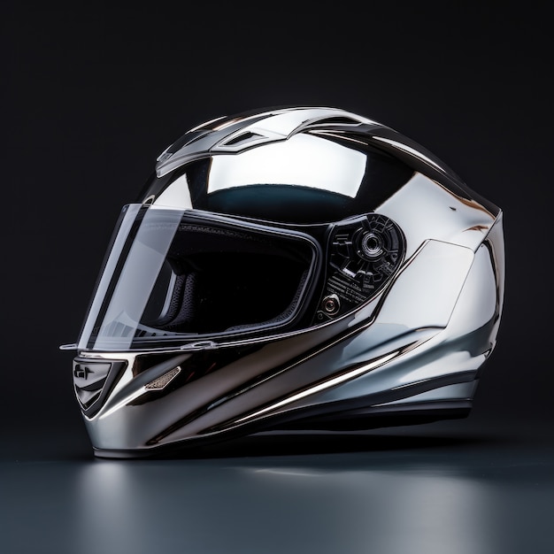 Close up on metallic motorcycle helmet