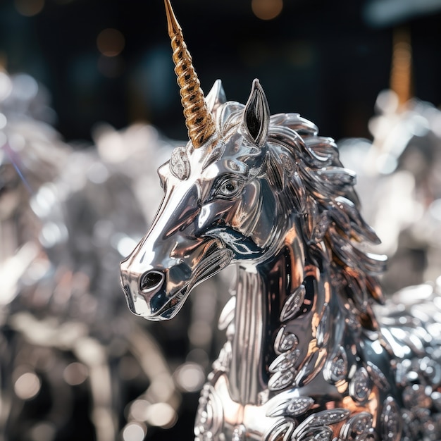 Free photo close up on metallic unicorn statue