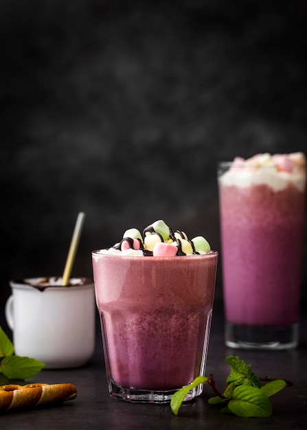 Close-up milkshakes with fruits