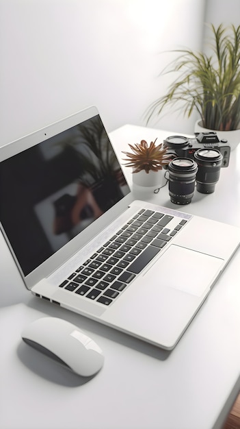 Free photo close up of modern workplace with laptop camera and coffee cup