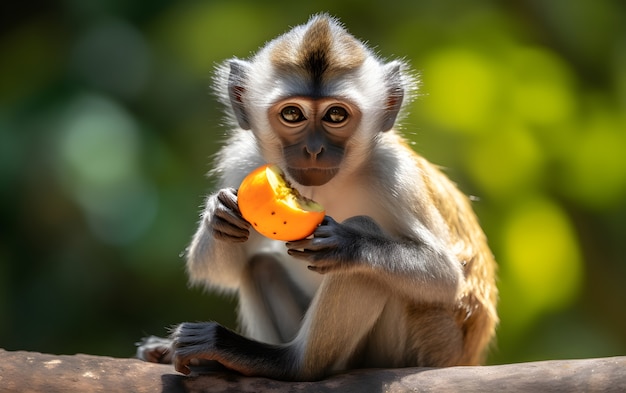 Free Photo close up on monkey eating fruit in nature