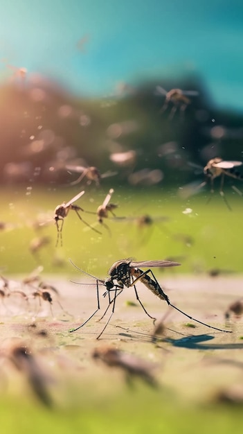 Close up on mosquitoes in nature