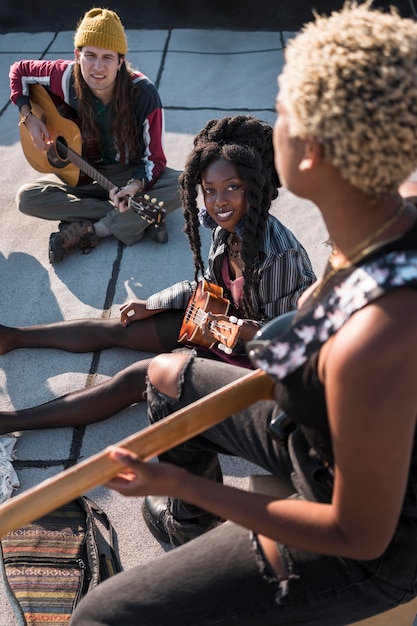 Free Photo close up musicians creating together