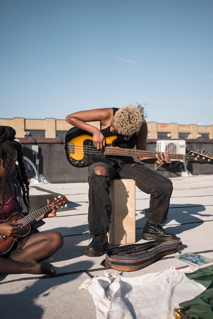 Close up musicians making music