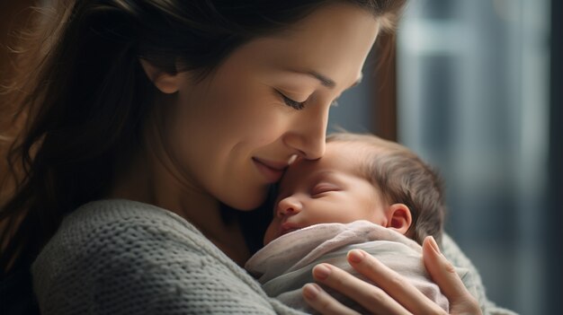 Close up on new born baby with mom