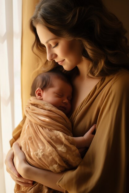 Close up on new born baby with mom