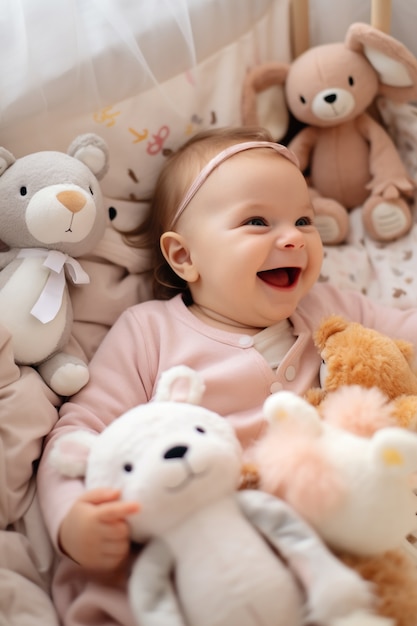 Close up on new born baby with toys