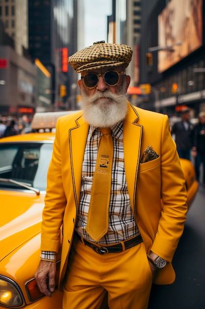 Free photo close up on new york fashionable man with yellow costume