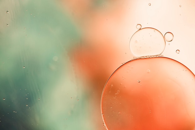 Close-up oily bubbles and droplets in colourful watery backdrop