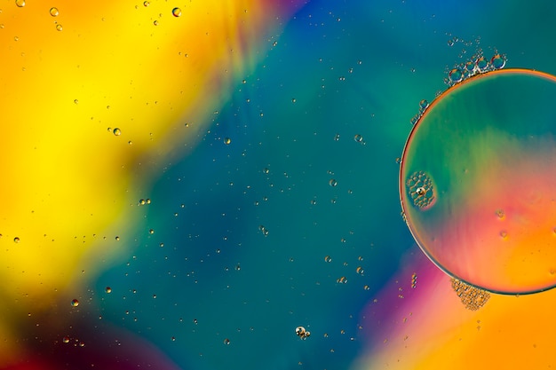 Free photo close-up oily bubbles and droplets in colourful watery backdrop