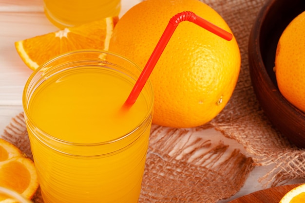 Close up of orange juice glass on wooden table