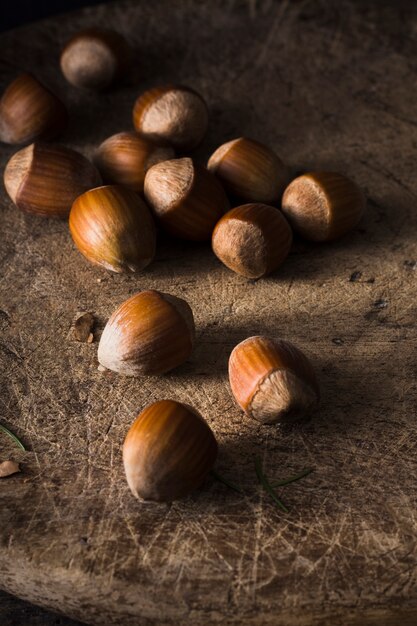 Close-up organic hazelnuts on the table