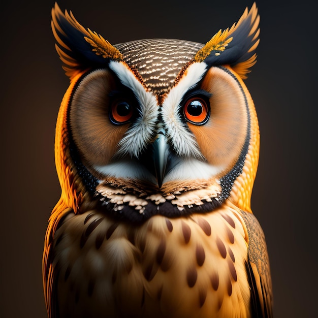 A close up of an owl with a dark background and a black background.