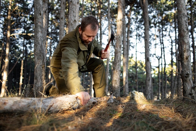 Close up on park ranger in woods