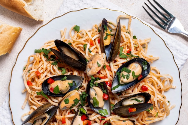 Close-up pasta with mussels dish