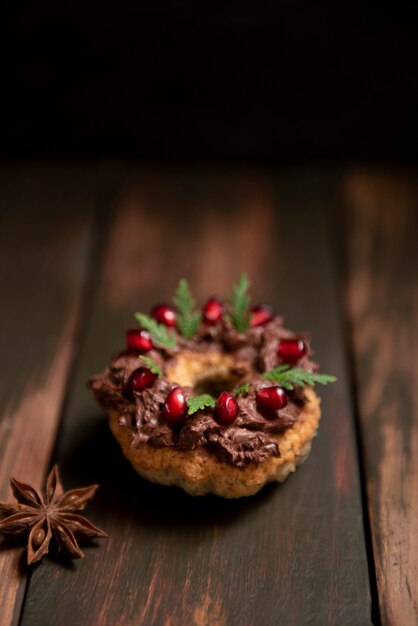 Close-up of pastry with chocolate cream topping