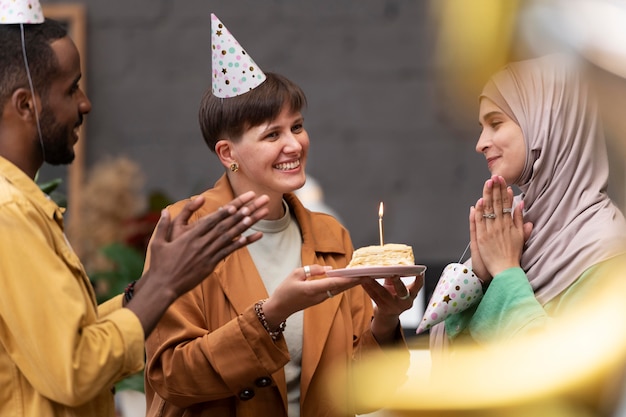 Close up people celebrating worker birthday