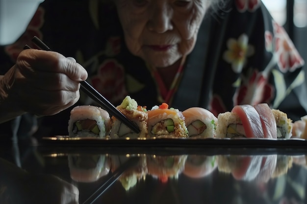 Free Photo close up on people eating sushi