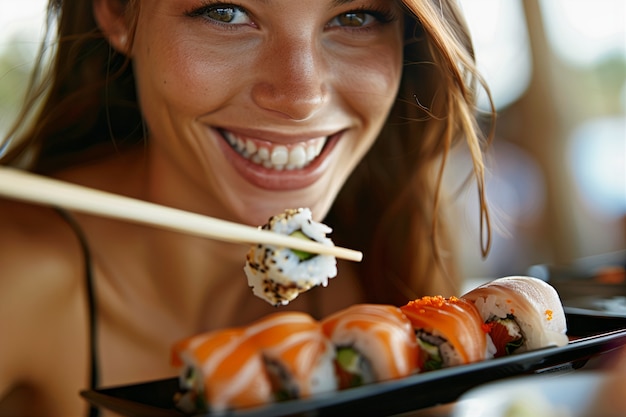 Free Photo close up on people eating sushi