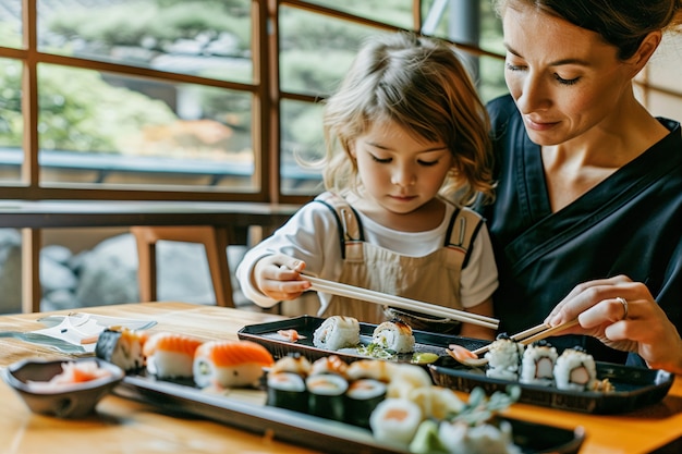 Free Photo close up on people eating sushi