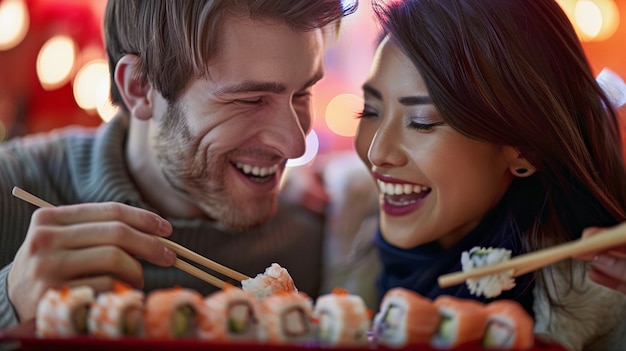 Free Photo close up on people eating sushi