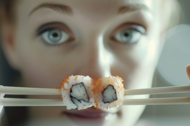 Free Photo close up on person eating sushi