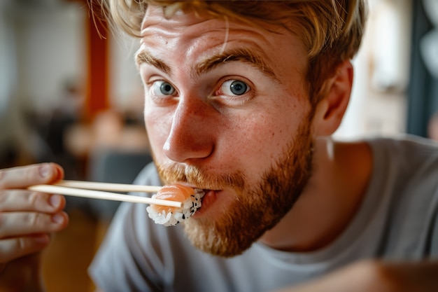 Free photo close up on person eating sushi