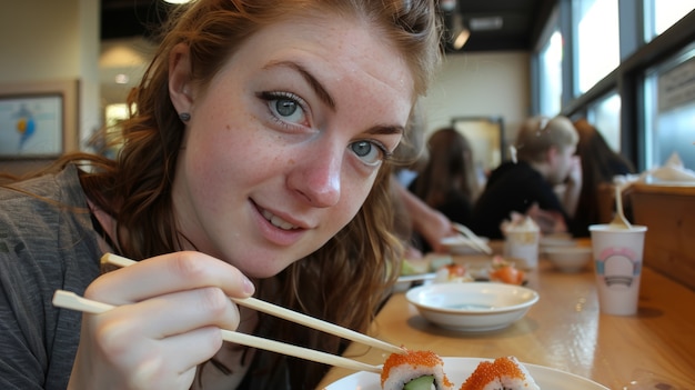 Free photo close up on person eating sushi