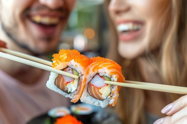 Free photo close up on person eating sushi