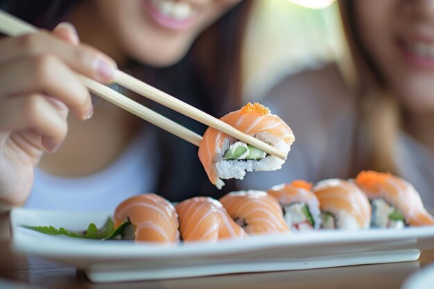 Close up on person eating sushi