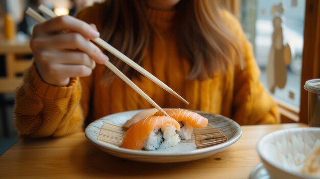 Free Photo close up on person eating sushi