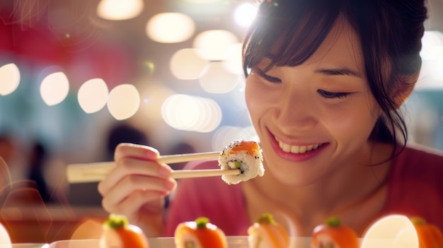 Close up on person eating sushi