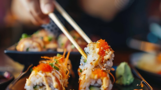 Free photo close up on person eating sushi